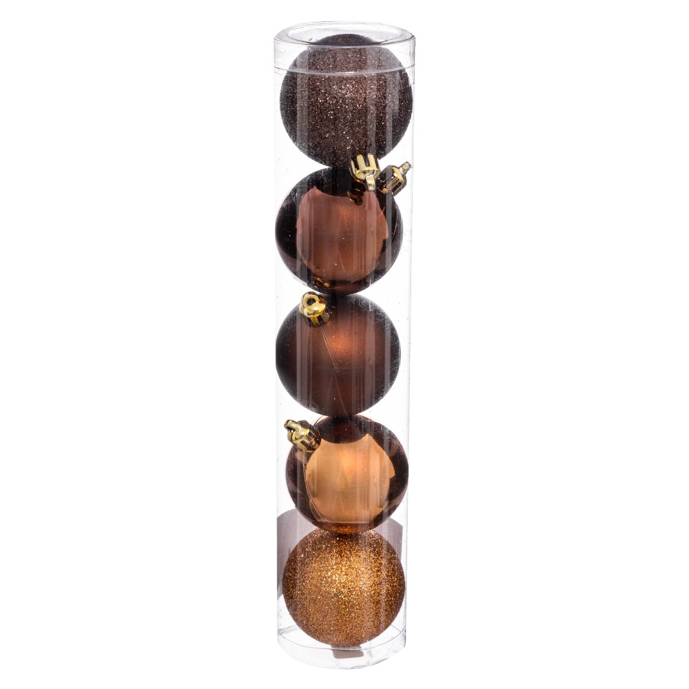 atmosphera-christmas-baubles-set-of-5-pcs-brown-mix-plastic-balls-5-cm