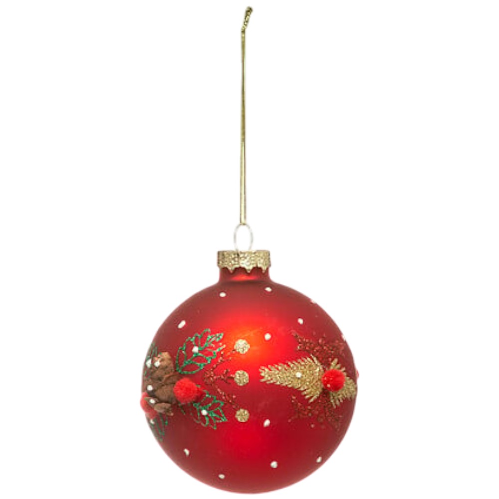 glass-christmas-bauble-with-pompom-and-foliage-decoration-8cm-assorted-colours