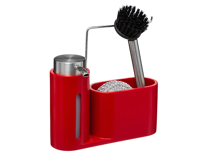 kitchen-sink-caddy-with-liquid-soap-dispenser-brush-and-sponge-in-red