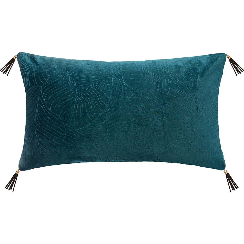 atmosphera-leaves-embossed-design-velvet-cushion-teal-blue-30cm-x-50cm