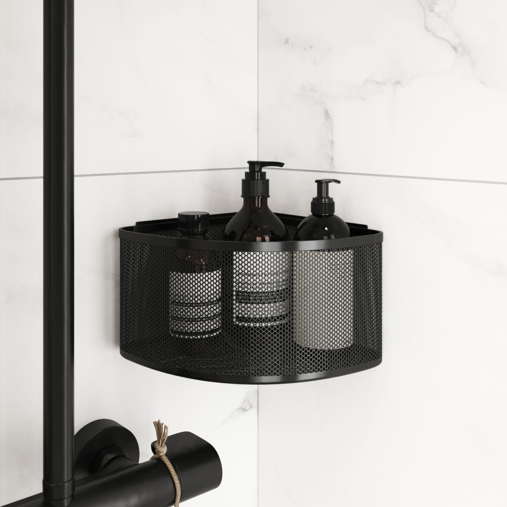 goodhome-elland-shower-basket-wall-mounted-steel-1-compartment-black-corner