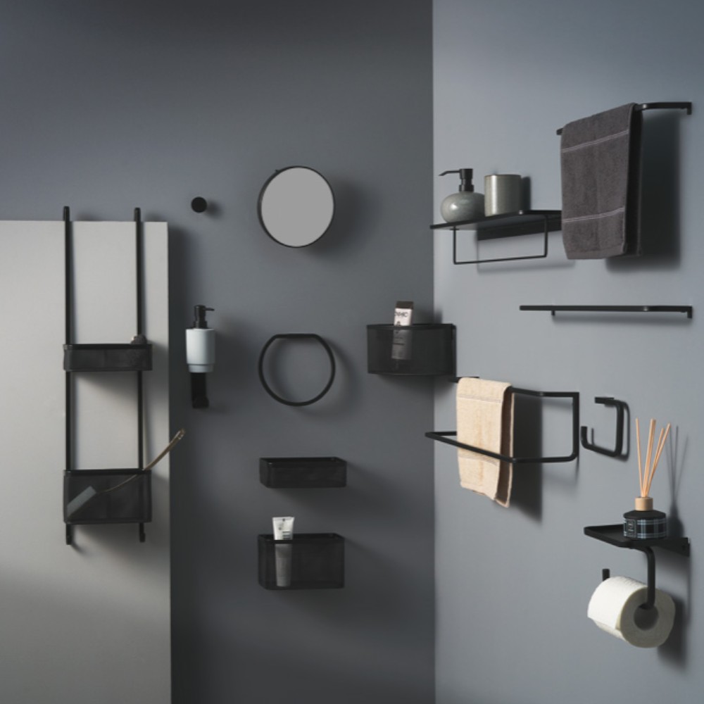 goodhome-elland-shower-basket-wall-mounted-steel-1-compartment-black-corner