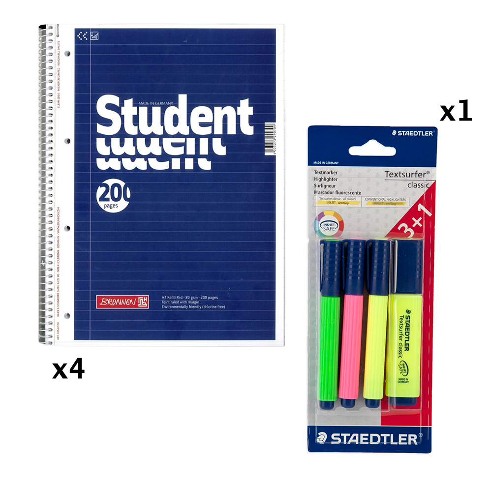 brunnen-student-refill-pad-200-pages-with-free-staedtler-highlighters-pack-of-4-pieces