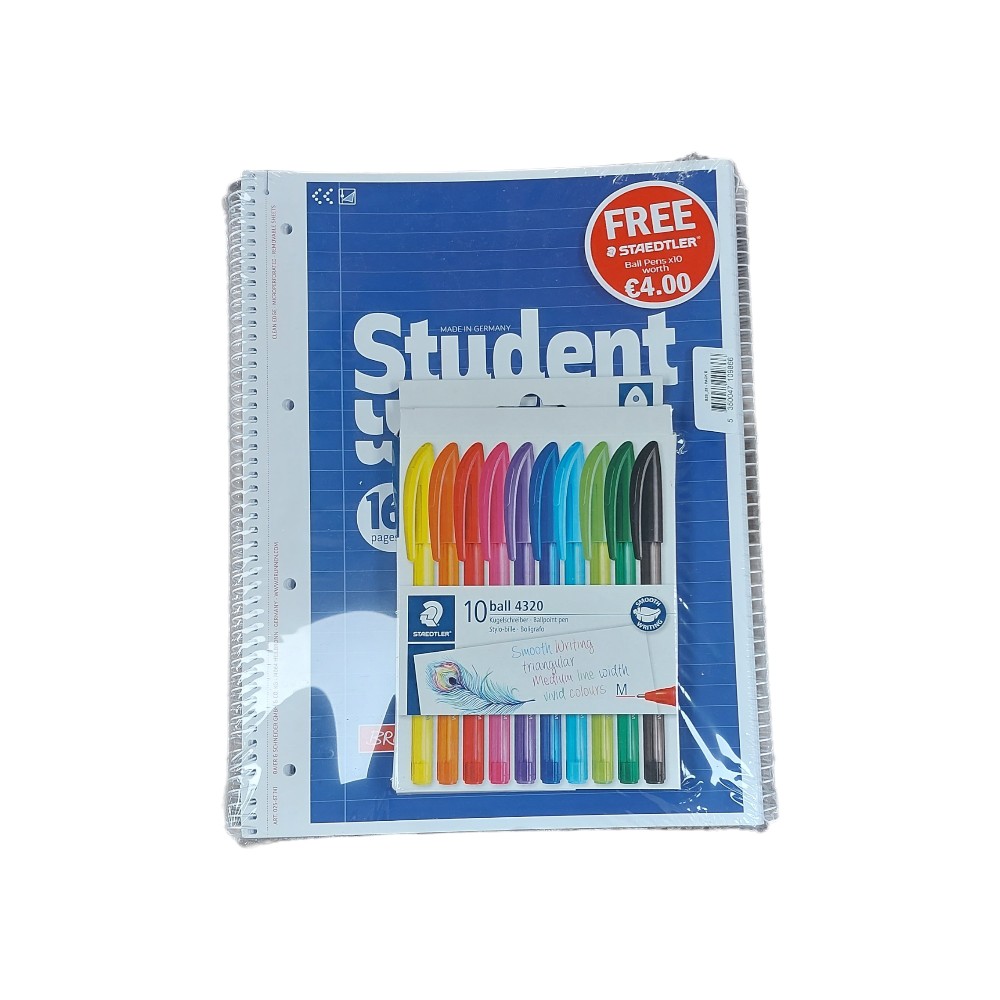 stationary-set-notepad-spiral-a4-ruled-with-margin-x-4-pcs-free-10-multicolour-pens