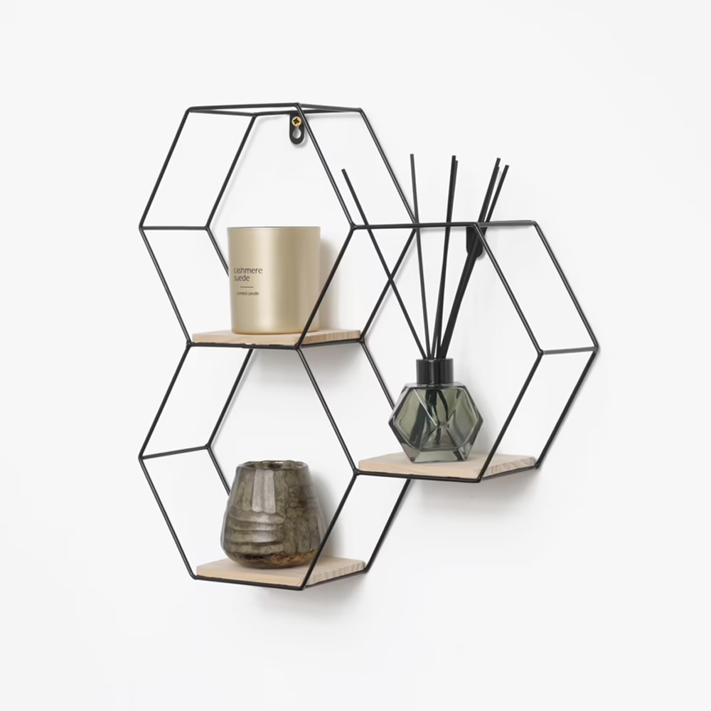 triple-hexagonal-wall-rack-with-3-wooden-shelves-black