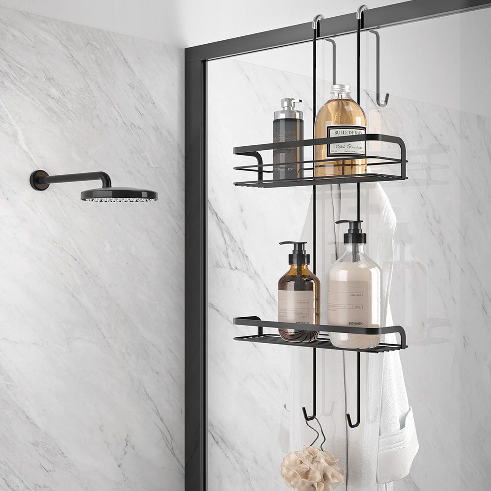 metaltex-origin-lava-2-tier-shower-caddy-with-hooks-black
