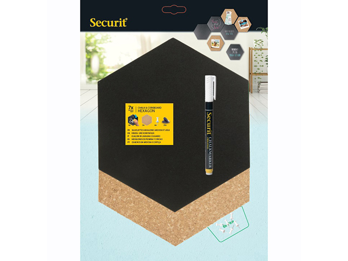 securit-hexagons-in-cork-and-black-chalk-board-set-with-velcro-strips-20cm-x-23-4cm