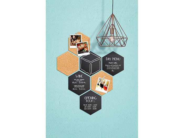 securit-hexagons-in-cork-and-black-chalk-board-set-with-velcro-strips-20cm-x-23-4cm