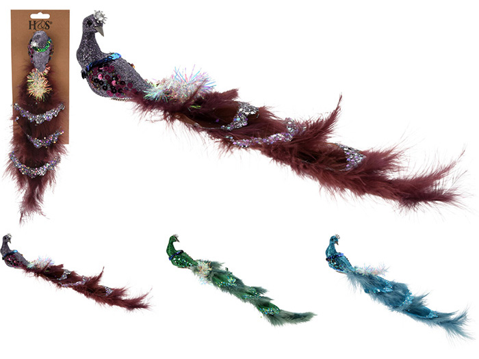 christmas-peacock-on-clip-decoration-34cm-3-assorted-colours