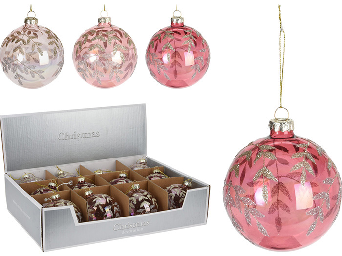 christmas-leaf-design-round-glass-bauble-8cm-3-assorted-colours