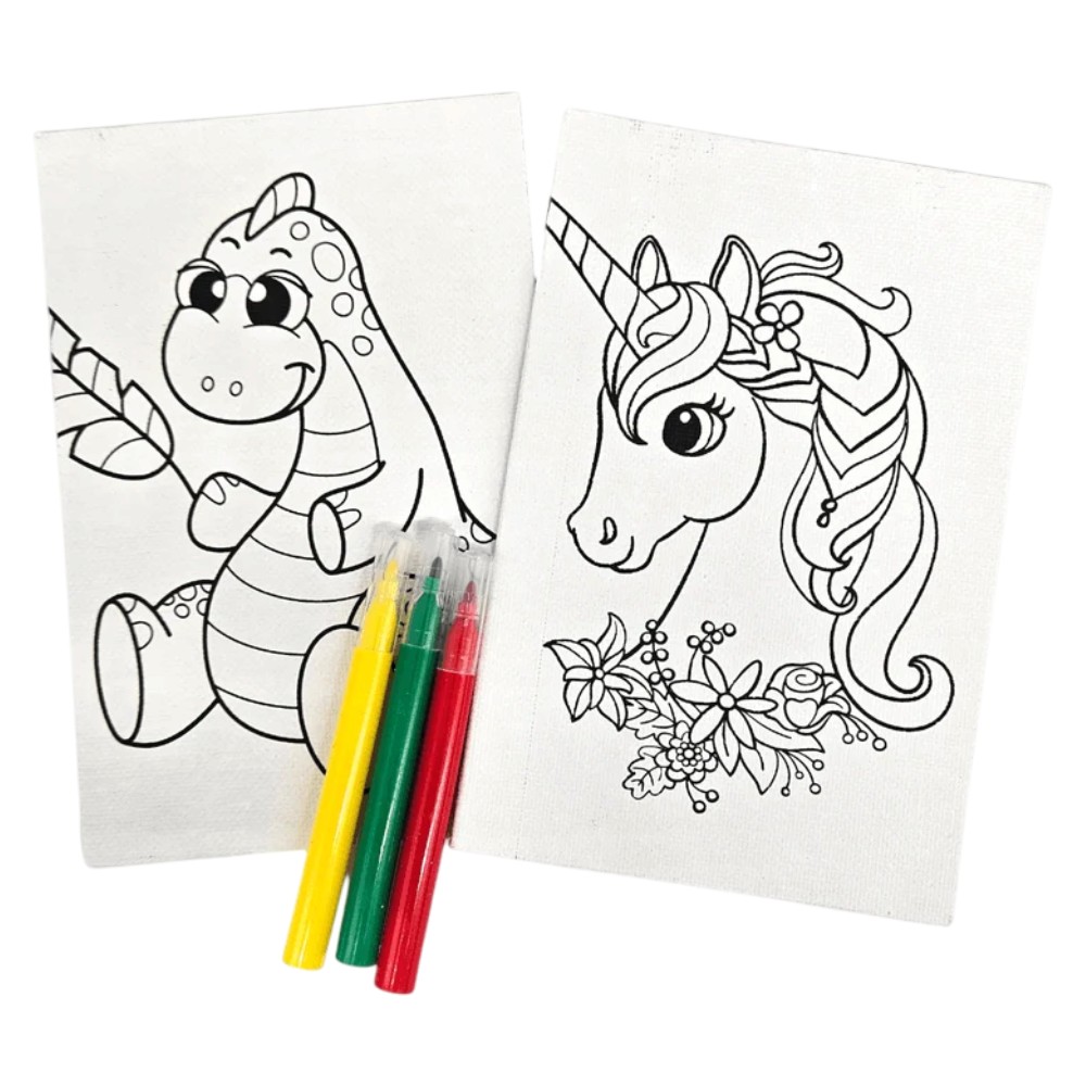 dinosaur-unicorn-mini-canvas-colouring-set-with-markers-2-pieces