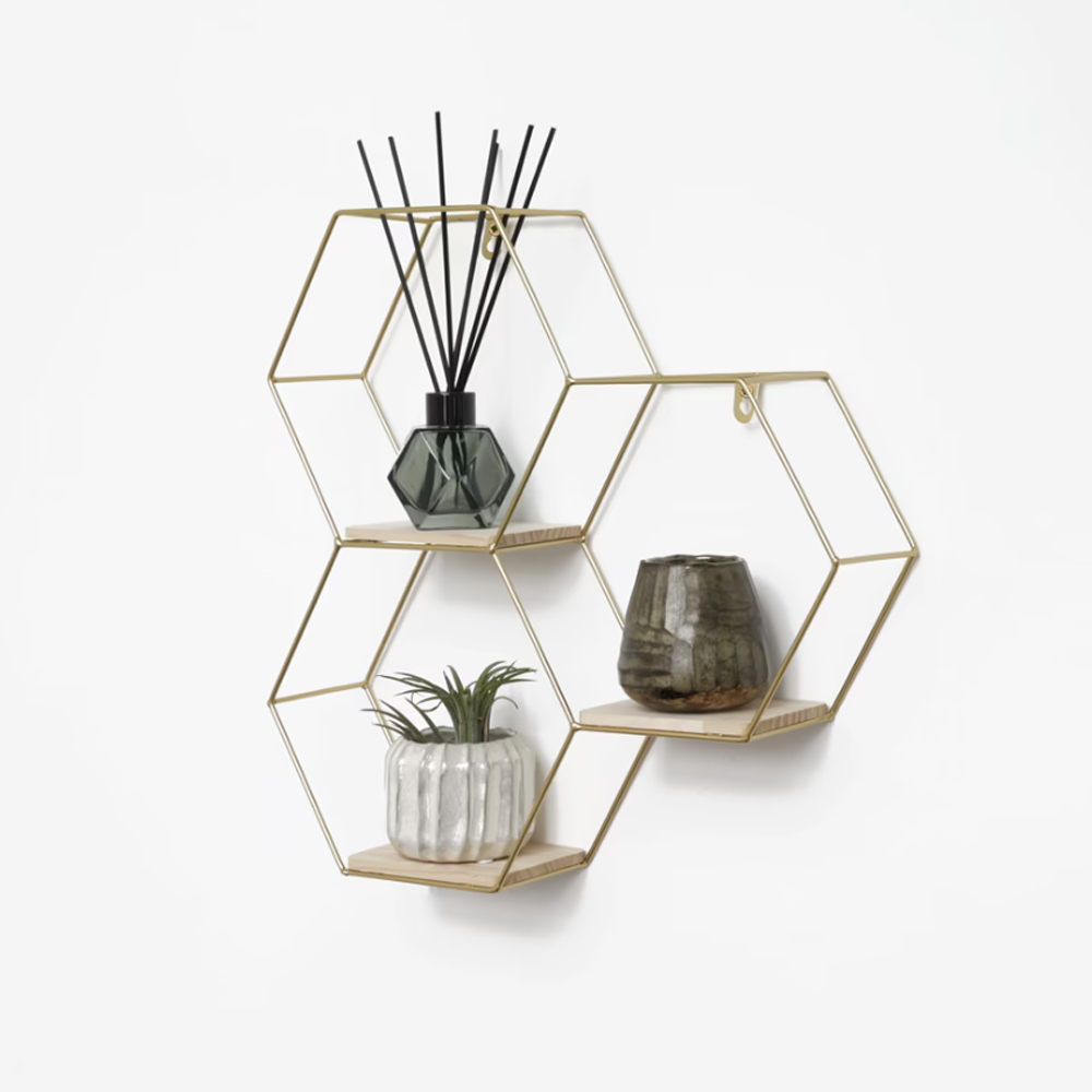 triple-hexagon-metal-wood-shelf-wall-rack-gold