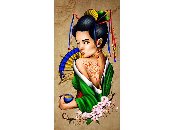 green-geisha-print-canvas-beige-background-50-x-100-x-3-cm