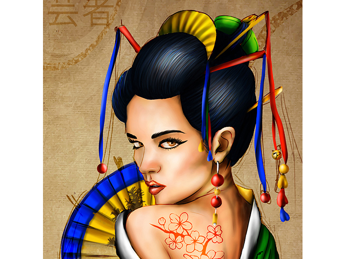green-geisha-print-canvas-beige-background-50-x-50-x-3-cm