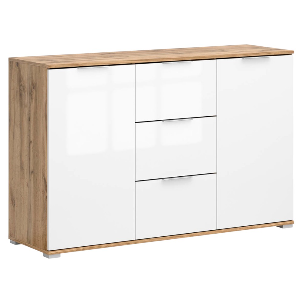 chest-of-drawers-with-2-doors-and-3-drawers-oak-wotanwhite-gloss-135-cm-zele